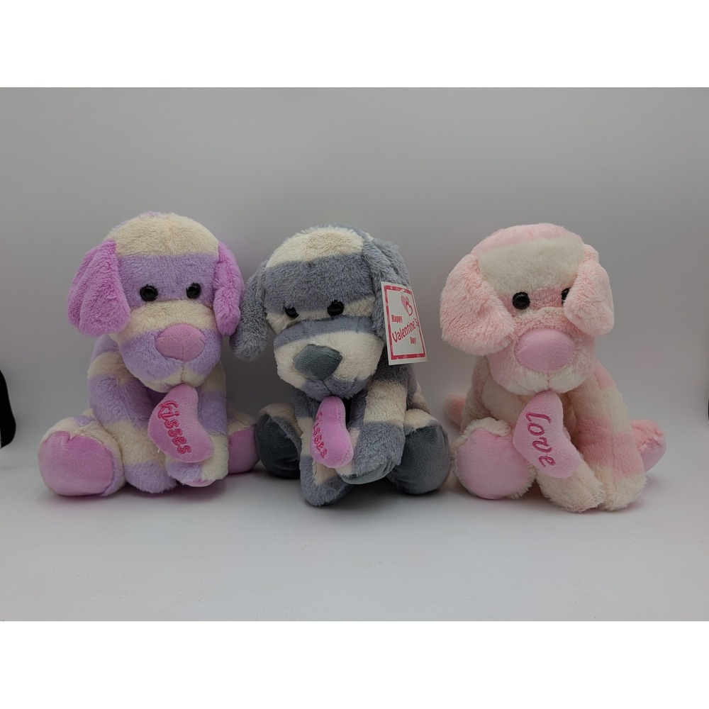 Kellytoy Plush Dog Lot Purple Pink Gray Striped Valentines Day Kisses Love 2018